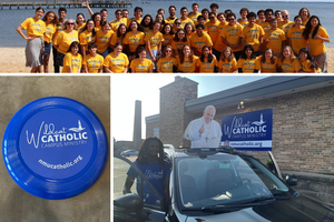 Top: Catholic ‘Patriots’ enjoy camaraderie at George Mason University. 

Bottom row: L to R: a ‘Wildcat Catholic’ frisbee; Naseem Ahmad, a junior at Northern Michigan University who was baptized and confirmed by the Catholic chaplain there, Father Dustin Larson, at the Easter vigil 2022, is shown with a poster cutout of Pope Francis in Father Larson’s SVU.