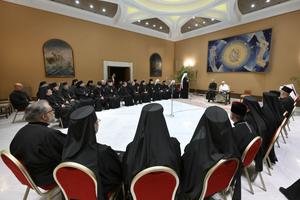 Pope Francis meets with bishops of the Synod of the Ukrainian Greek Catholic Church at the Vatican on Sept. 6, 2023.