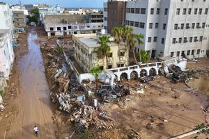 A general view of the city of Derna is seen on Tuesday, Sept. 12., 2023. Mediterranean storm Daniel caused devastating floods in Libya that broke dams and swept away entire neighborhoods in multiple coastal towns, the destruction appeared greatest in Derna city. 