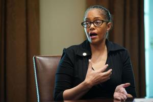 State Rep. Karen Whitsett, D-Mich., speaks at a meeting at the White House in Washington, D.C., on April 14, 2020. 
