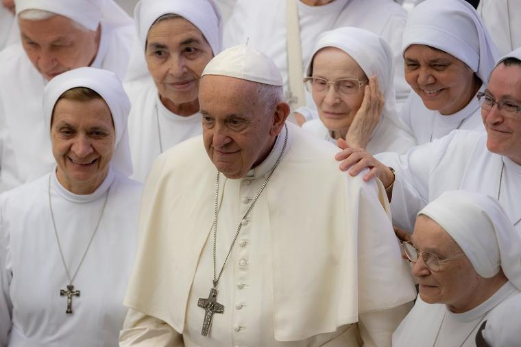 Women religious gather with Pope Francis during the Aug. 9 general audience. 