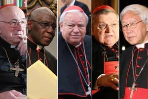 Left to right: German Cardinal Walter Brandmüller, Guinean Cardinal Robert Sarah, Mexican Cardinal Juan Sandoval Íñiguez, American Cardinal Raymond Burke, and Chinese Cardinal Zen Ze-Kiun