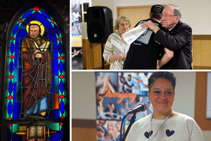 Clockwise from left: A stained-glass window in the chapel of Bridges of Iowa, a drug-rehabilitation facility in Des Moines, Iowa. Don Lamberti, founder of Bridges of Iowa, hugs a graduate of the program; at left is Don's wife, Charlene Lamberti. Aisha Ewald, 40, a 2014 graduate, addresses recent graduates during a graduation ceremony on Sept. 21. 