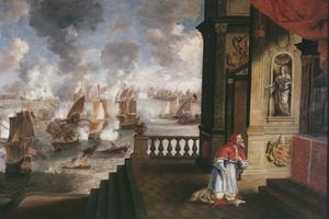 Jan Peeters painting of the Battle of Lepanto of 1571, with Pope Pius V kneeling in prayer