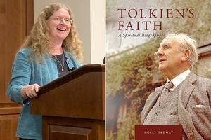 Holly Ordway (l) and the cover of her book, ‘Tolkien’s Faith’