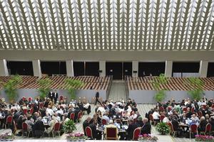 Delegates meet at round tables during the Synod on Synodality on Oct. 10, 2023.