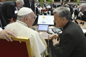 Pope Francis attends the third day of the XVI Ordinary General Assembly of the Synod on Synodality at the Paul VI Hall, Vatican on October 6, 2023. 