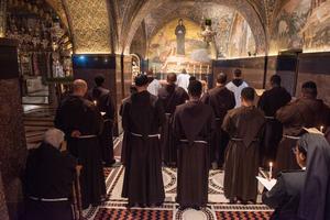 Daily procession of the Franciscan friars of the Custody of the Holy Land (Calvary, Latin Chapel), Church of the Holy Sepulcher, Jerusalem. Oct. 9, 2023.
