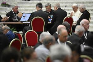 Pope Francis leads the prayer at the general congregation of the Synod on Synodality at the Vatican on Oct. 6, 2023.