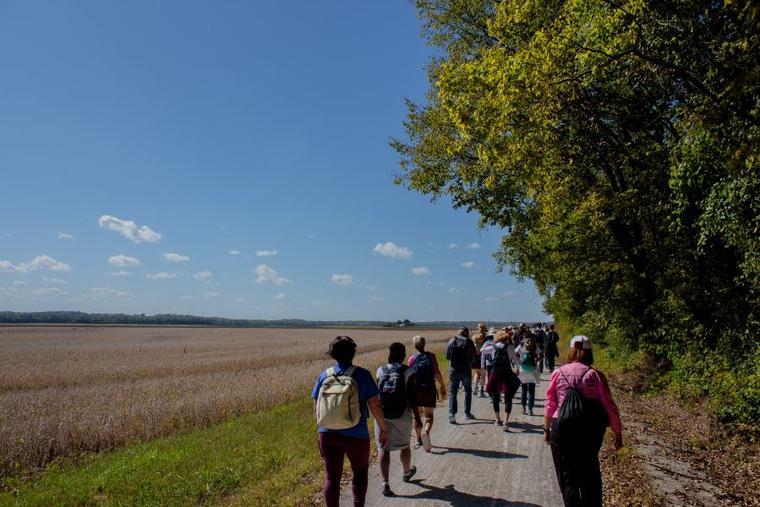 Catholic pilgrims on the Katy Trail Pilgrimage walk the route on Oct. 9, 2023.