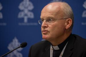 Bishop Franz-Josef Overbeck of Essen, Germany at the Synod on Synodality press briefing Oct. 21, 2023.