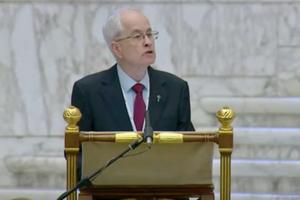 Australian theologian Father Ormond Rush addresses the General Assembly of the Synod on Synodality on Oct. 23, 2023, in the Vatican’s Paul VI Hall.
