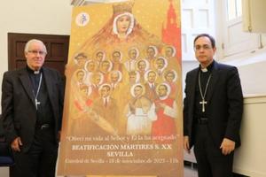 Archbishop José Ángel Saiz Meneses of of Seville, Spain, and his auxiliary, Bishop Teodoro León Muñoz, attend a press conference announcing the Nov. 18 beatification of the Spanish martyrs.