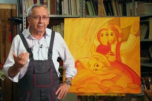 Jesuit Father Marko Ivan Rupnik, with the official image of the 10th World Meeting of Families in Rome.