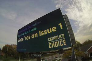 A billboard in Ohio paid for by Catholics for Choice is seen in October 2023.