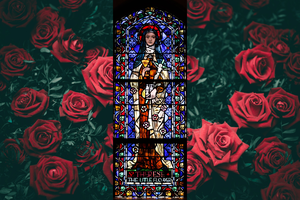 The Little Flower is commemorated in stained glass, with rose background added