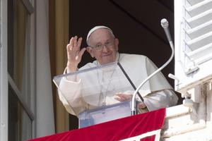 Pope Francis waves from a window of the Apostolic Palace during his weekly Sunday address and Angelus on Oct. 8, 2023. He spoke about the importance of having gratitude for the gifts one has received, especially the gifts of life and faith from God.