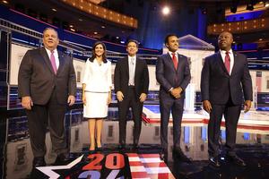 Republican presidential candidates (L-R): Former New Jersey Gov. Chris Christie, former U.N. Ambassador Nikki Haley, Florida Gov. Ron DeSantis, Vivek Ramaswamy and U.S. Sen. Tim Scott (R-SC) are introduced during the NBC News Republican Presidential Primary Debate at the Adrienne Arsht Center for the Performing Arts of Miami-Dade County on November 8, 2023 in Miami, Florida. 