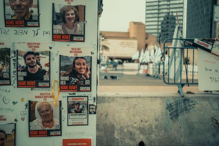 Posters of hostages held by Hamas. 