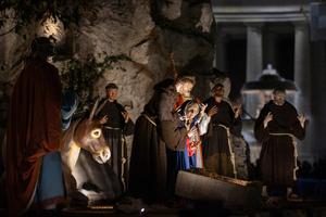 The 2023 Nativity scene includes depictions of St. Francis and his friars.