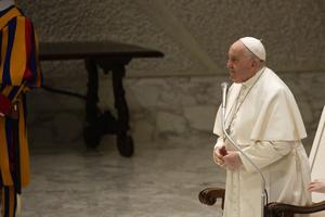 Pope Francis speaks at his general audience Dec. 20, 2023, at Paul VI Hall at the Vatican.