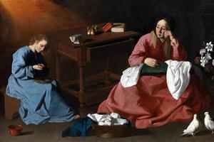 Francisco de Zurbarán, “Christ and the Virgin in the House at Nazareth,” ca. 1640 — A depiction of a young Jesus pricking his finger on a crown of thorns, foretelling his Passion.