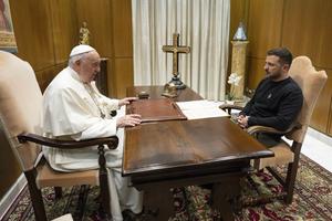 Pope Francis meets with Ukraine President Volodymyr Zelenskyy at the Vatican on May 13, 2023, their first meeting since the start of the full-scale war with Russia.