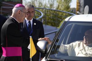 Pope Francis greets Bishop Athanasius Schneider, left, the auxiliary bishop of Astana, Kazakhstan, at the end of a meeting with priests, religious men and women, seminarians and catechists at the Our Lady Of Perpetual Help Cathedral in Nur-Sultan, Kazakhstan, Thursday, Sept. 15, 2022. 