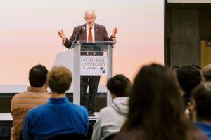 Peter Sonski, presidential candidate for the American Solidarity Party, delivers a speech at the Catholic University of America.
