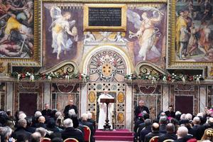 Pope Francis addresses ambassadors accredited to the Holy See Jan. 9 in the Sala Regia at the Vatican.