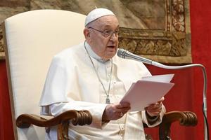 Pope Francis delivers a speech to all of the world’s ambassadors to the Vatican on Jan. 8, 2024.