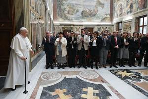 Pope Francis meets with the journalists who cover the Vatican in the Apostolic Palace on Jan. 22.
