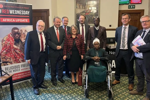 Margaret and Dominic Attah with Lord Alton and other parliamentarians on # RedWednesday 2023.