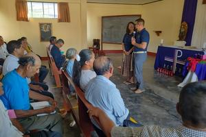 Missionaries Taylor and Katie Schmidt give a talk in Peru.