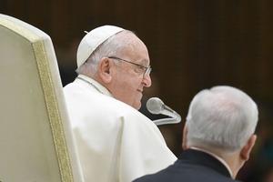Pope Francis delivers a message at his general audience on Wednesday, Jan. 31, 2024.