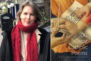 Sally Read is pictured with the cover of her book, ‘100 Great Catholic Poems’