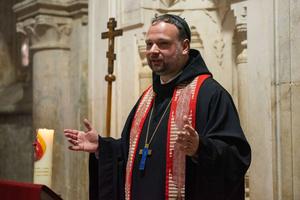 Father Nikodemus Schnabel, abbot of the Benedictine Basilica of the Dormition in Jerusalem, speaks during an ecumenical prayer service that took place at the Cenacle on Jan. 25, 2024.
