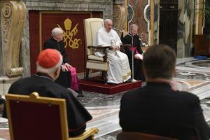 Pope Francis addresses members of the Apostolic Penitentiary on March 8, 2024, in the Clementine Hall in the Apostolic Palace at the Vatican.