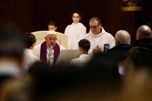 Pope Francis presides over a penitential service at St. Pius V Parish in Rome on March 8, 2024.