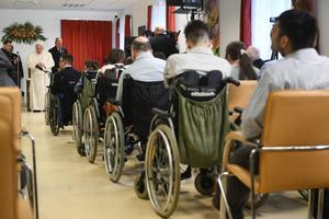 Pope Francis meets on April 29, 2023, with children and adults who are visually impaired and have other disabilities at a Catholic institute in Budapest, Hungary, dedicated to Blessed László Batthyány-Strattmann.