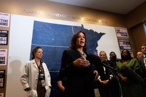 Vice President Kamala Harris speaks during her visit to a Planned Parenthood facility in Saint Paul, Minnesota, on March 14, 2024. 