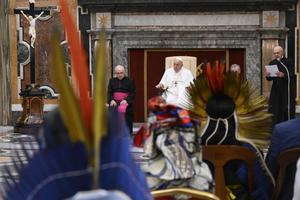 Pope Francis meets with participants of the conference “Indigenous Peoples’ Knowledge and the Sciences,” sponsored by the Pontifical Academies of Sciences and Social Sciences, held at the Vatican from March 14–15, 2024.