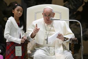 Pope Francis addresses approximately 7,000 children from around the world in the Vatican’s Paul VI Hall on Nov. 6, 2023, at an event sponsored by the Dicastery for Culture and Education dedicated to the theme “Let us learn from boys and girls.”
