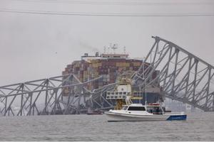 Workers continue to investigate March 27 and search for victims after a cargo ship collided with the Francis Scott Key Bridge, causing it to collapse the day before in Baltimore.