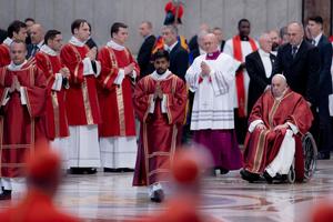 Pope Francis arrives at the Liturgy of the Lord’s Passion in St. Peter's Basilica on Good Friday on April 7, 2023.