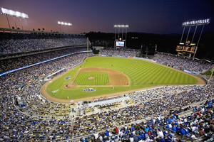 Grandstands overlooking home plate at the National League Championship Series (NLCS), Dodger Stadium, Los Angeles, on Oct. 12, 2008.