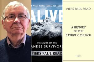 Piers Paul Read is pictured with book covers of ‘Alive: The Story of the Andes Survivors’ and ‘A History of the Catholic Church.’