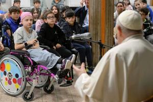 Pope Francis meets with a group of 200 children studying catechism and in a relaxed manner answered some of their questions on April 11, 2024, at St. John Mary Vianney Parish in Borghesiana, Italy.