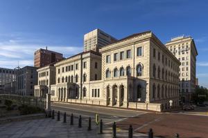 The Court of Federal Appeals (Lewis F. Powell Courthouse) and the skyline of Richmond, Virginia, from the foot of the Virginia Capitol grounds