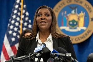 Attorney General Letitia James speaks during joint announcement with mayor Eric Adams at AG New York office.